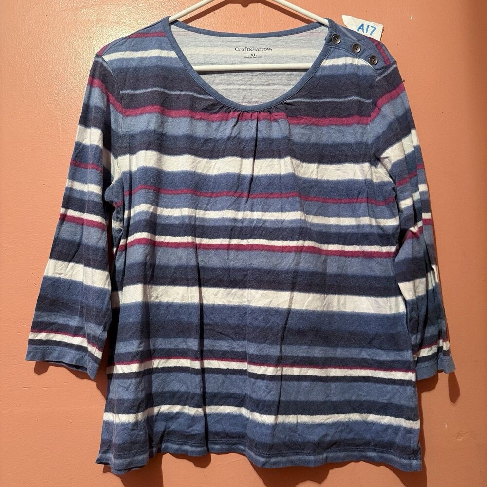 Croft & Borrow Womens TShirt XL Extra Large Blue Red White Striped Tee Shirt